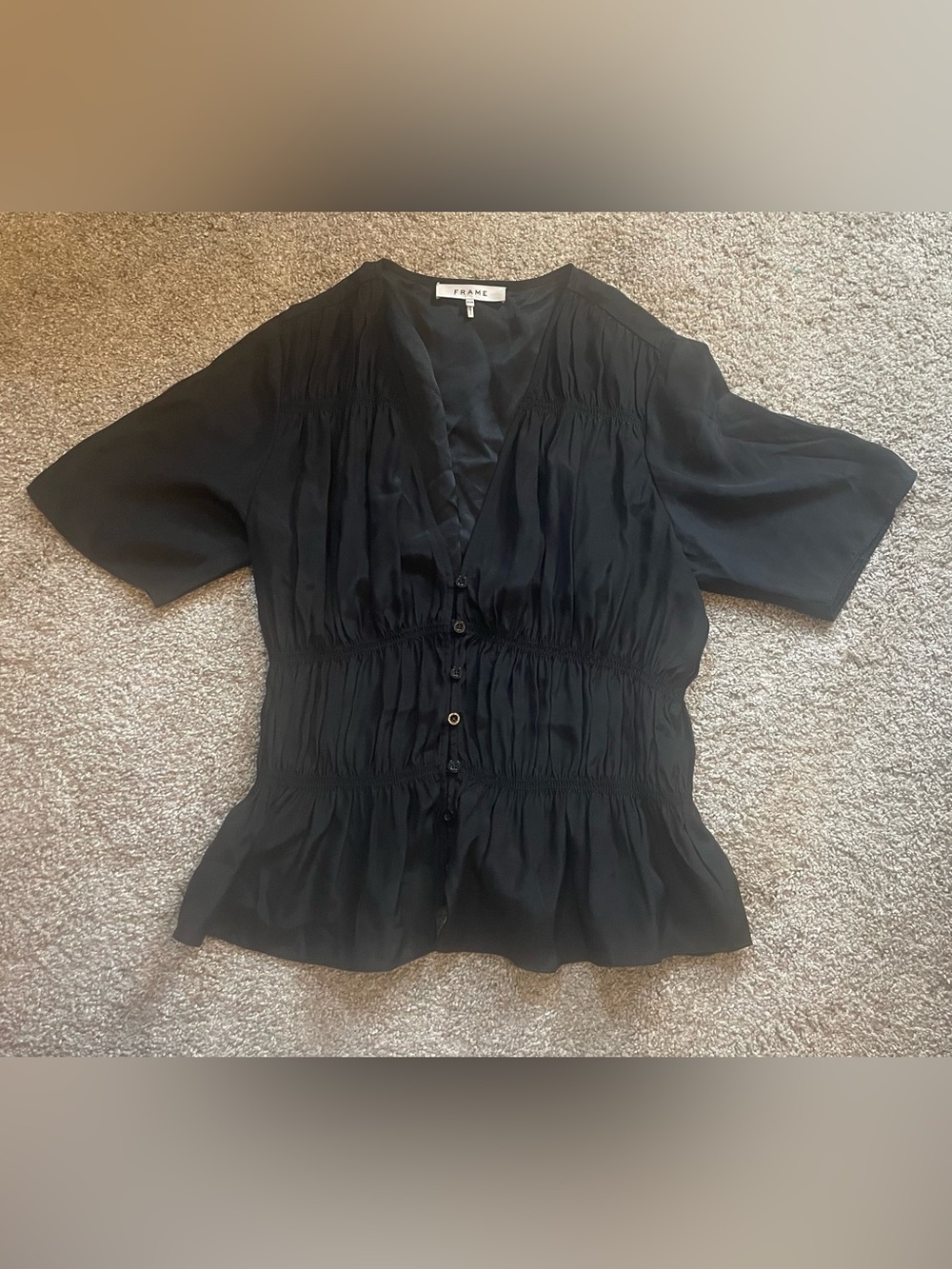 Frame - 100% Silk Black Button-Front Short Sleeve Blouse - Size Medium